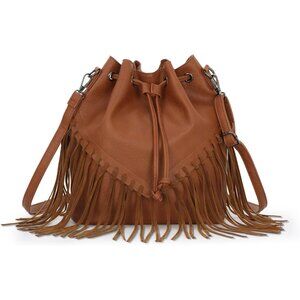 Fringe Bucket Bags for Women Vegan Faux Suede Leather Western Hobo Purse Crossbo